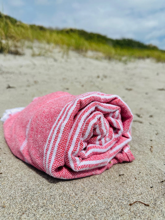 red lightweight and sandfree beach towel